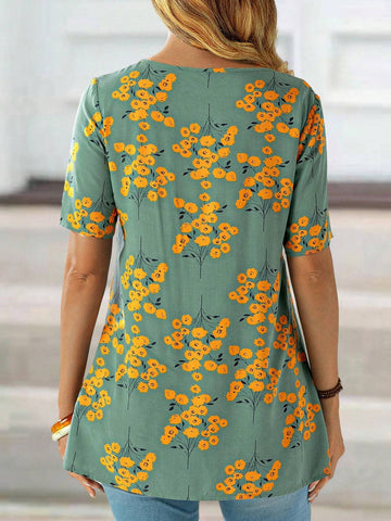 EMERY ROSE Women's Floral Print V-Neck Short Sleeve Shirt