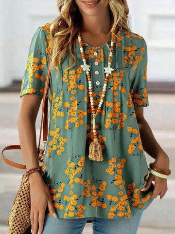 EMERY ROSE Women's Floral Print V-Neck Short Sleeve Shirt