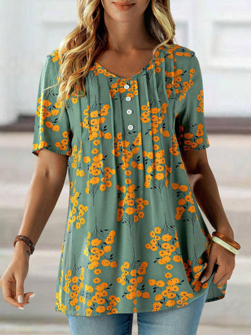 EMERY ROSE Women's Floral Print V-Neck Short Sleeve Shirt