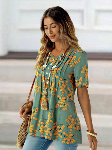 EMERY ROSE Women's Floral Print V-Neck Short Sleeve Shirt