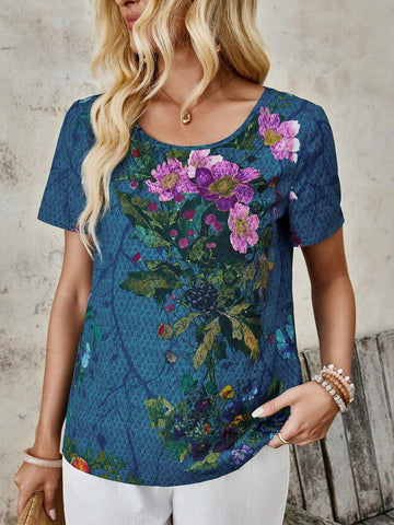 EMERY ROSE Women's Floral Printed Round Neck Short Sleeve Simple Daily Shirt
