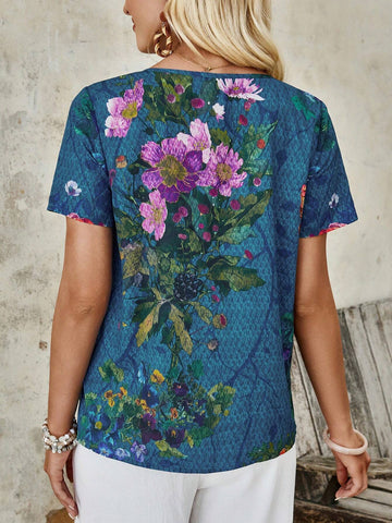 EMERY ROSE Women's Floral Printed Round Neck Short Sleeve Simple Daily Shirt