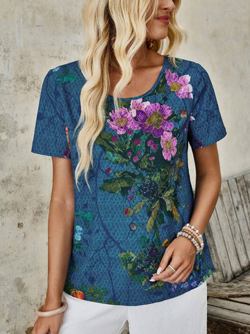 EMERY ROSE Women's Floral Printed Round Neck Short Sleeve Simple Daily Shirt