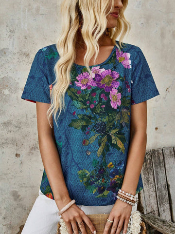EMERY ROSE Women's Floral Printed Round Neck Short Sleeve Simple Daily Shirt