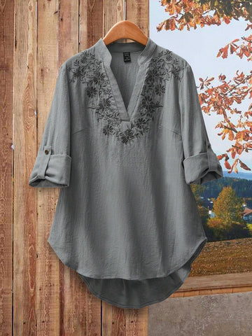 EMERY ROSE Women's Flower Embroidered Long Sleeve Simple Shirt, Casual For Daily Wear