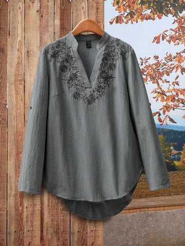 EMERY ROSE Women's Flower Embroidered Long Sleeve Simple Shirt, Casual For Daily Wear