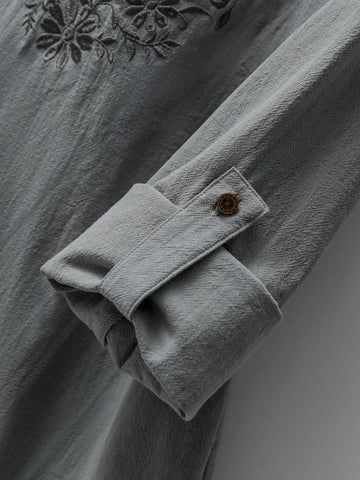 EMERY ROSE Women's Flower Embroidered Long Sleeve Simple Shirt, Casual For Daily Wear