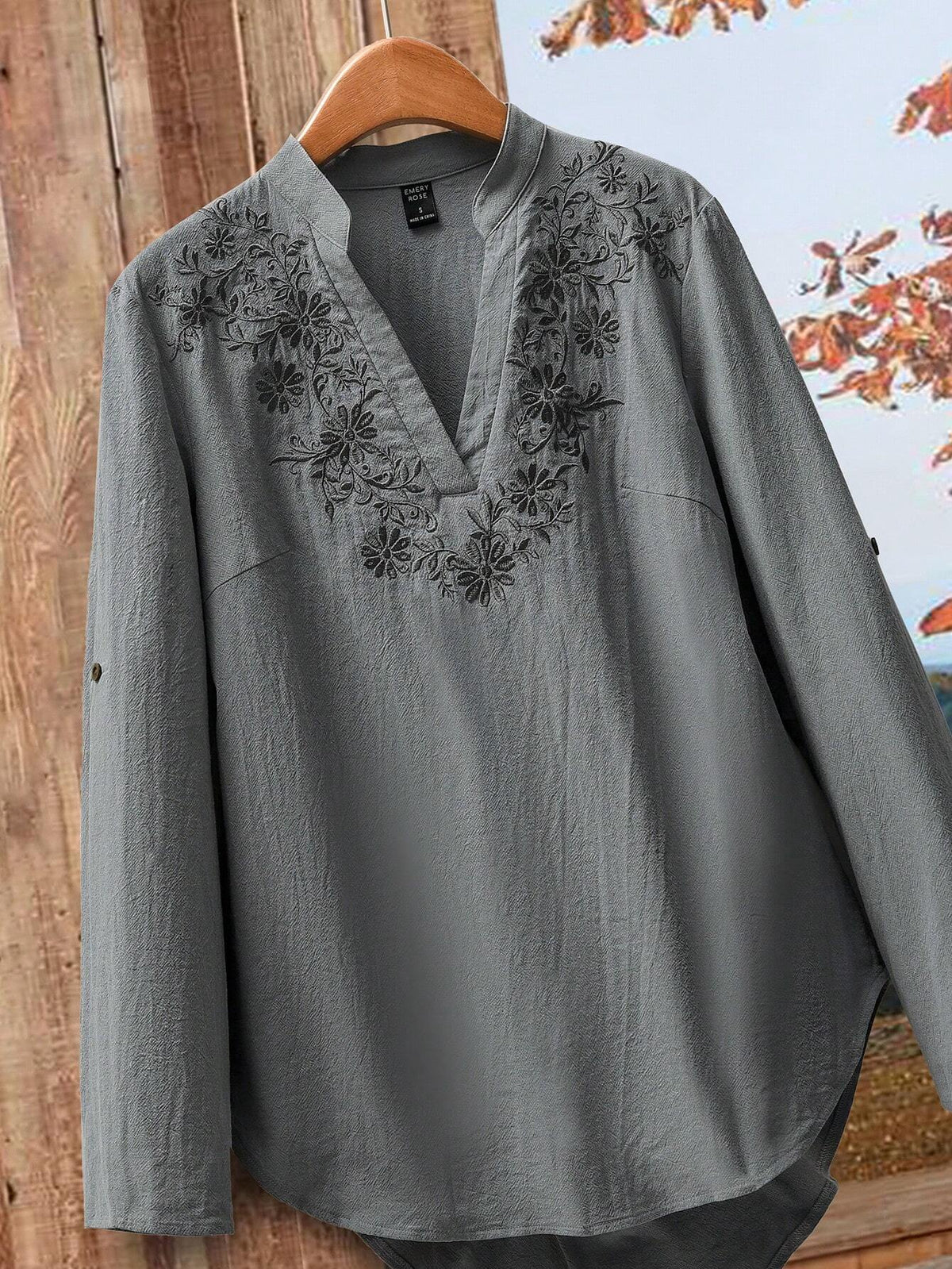 EMERY ROSE Women's Flower Embroidered Long Sleeve Simple Shirt, Casual For Daily Wear