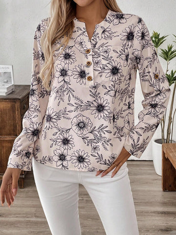 EMERY ROSE Women's Front Button Closure Mid-Length Sleeve Allover Floral Print Casual Blouse