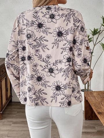 EMERY ROSE Women's Front Button Closure Mid-Length Sleeve Allover Floral Print Casual Blouse