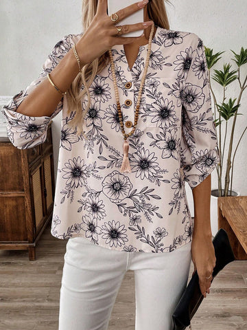 EMERY ROSE Women's Front Button Closure Mid-Length Sleeve Allover Floral Print Casual Blouse