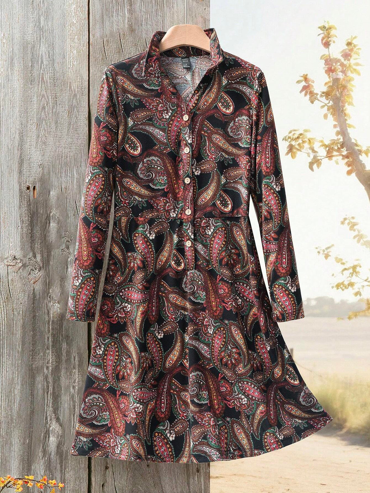 EMERY ROSE Women's Front Button Long Sleeve All-Over Allover Print Short Casual Dress