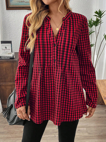 EMERY ROSE Women's Front Button Long Sleeve Plaid Shirt, Casual Everyday Wear