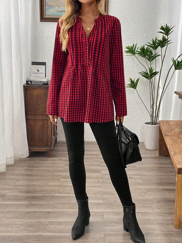 EMERY ROSE Women's Front Button Long Sleeve Plaid Shirt, Casual Everyday Wear