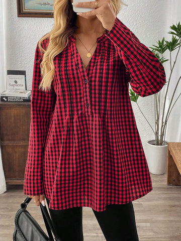 EMERY ROSE Women's Front Button Long Sleeve Plaid Shirt, Casual Everyday Wear
