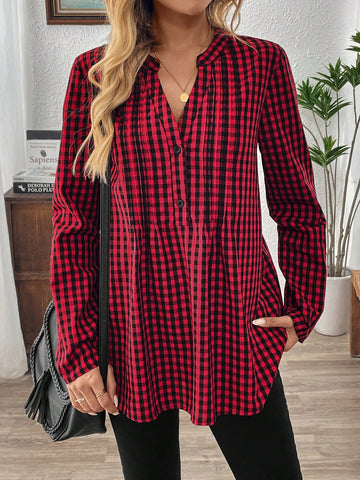 EMERY ROSE Women's Front Button Long Sleeve Plaid Shirt, Casual Everyday Wear