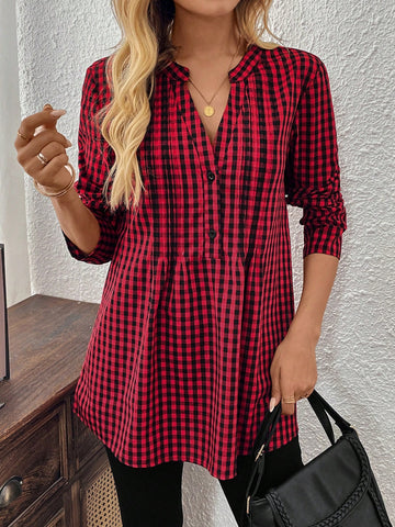 EMERY ROSE Women's Front Button Long Sleeve Plaid Shirt, Casual Everyday Wear