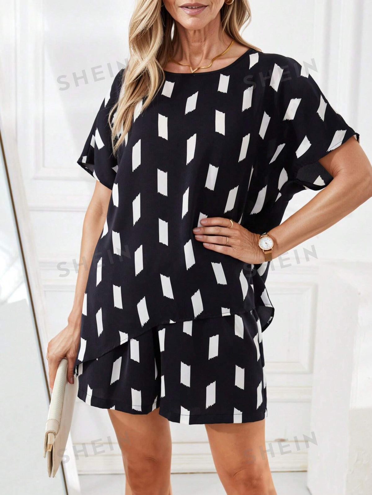 EMERY ROSE Women's Geometric Pattern Printed Casual 2-Piece Set