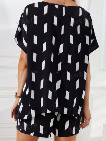 EMERY ROSE Women's Geometric Pattern Printed Casual 2-Piece Set