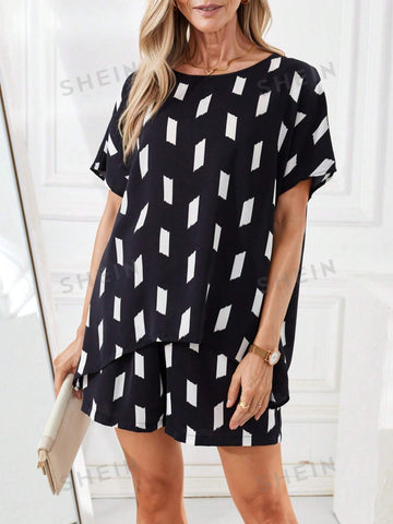 EMERY ROSE Women's Geometric Pattern Printed Casual 2-Piece Set