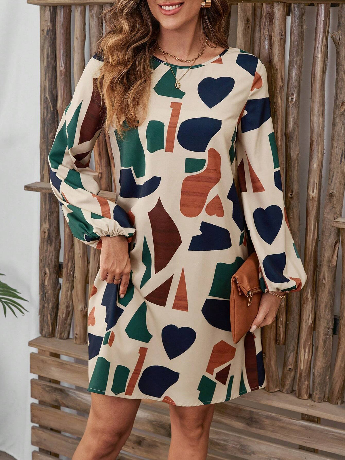EMERY ROSE Women's Geometric Print Round Neck Lantern Sleeve Straight Loose Casual Short Dress, Autumn
