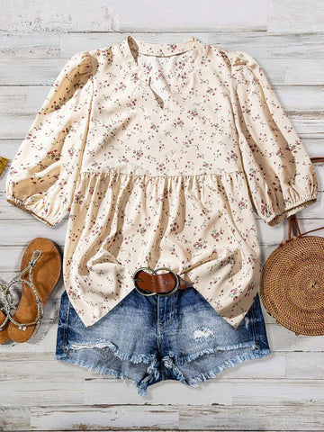 EMERY ROSE Women's Holiday Ditsy Floral V-Neck Lantern Sleeve Casual Blouse