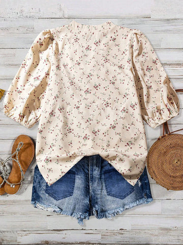 EMERY ROSE Women's Holiday Ditsy Floral V-Neck Lantern Sleeve Casual Blouse