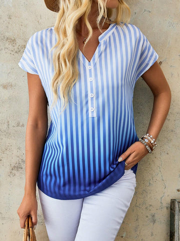 EMERY ROSE Women's Holiday Leisure Gradient Color Striped Notched Neck Batwing Sleeve Shirt With Cutout Details