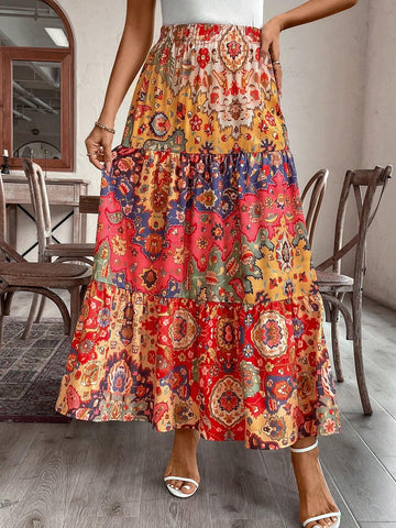 EMERY ROSE Women's Holiday Style Patchwork Print Tiered Hem Skirt, Spring/Summer
