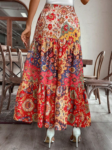 EMERY ROSE Women's Holiday Style Patchwork Print Tiered Hem Skirt, Spring/Summer
