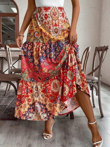 EMERY ROSE Women's Holiday Style Patchwork Print Tiered Hem Skirt, Spring/Summer