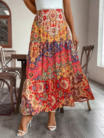 EMERY ROSE Women's Holiday Style Patchwork Print Tiered Hem Skirt, Spring/Summer