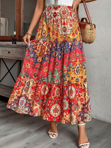 EMERY ROSE Women's Holiday Style Patchwork Print Tiered Hem Skirt, Spring/Summer