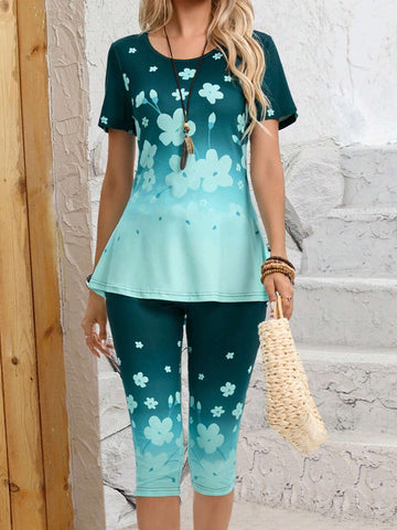 EMERY ROSE Women's Irregular Hem Flower Print Round Neck Short Sleeve Top And Pants Casual 2-Piece Set, Summer