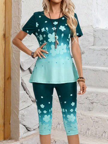 EMERY ROSE Women's Irregular Hem Flower Print Round Neck Short Sleeve Top And Pants Casual 2-Piece Set, Summer
