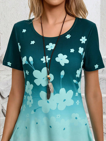 EMERY ROSE Women's Irregular Hem Flower Print Round Neck Short Sleeve Top And Pants Casual 2-Piece Set, Summer