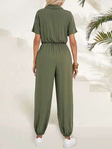EMERY ROSE Women's Jumpsuit With Stand Collar, Button Front And Wide-Leg Design In Solid Color