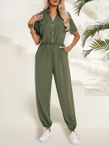 EMERY ROSE Women's Jumpsuit With Stand Collar, Button Front And Wide-Leg Design In Solid Color