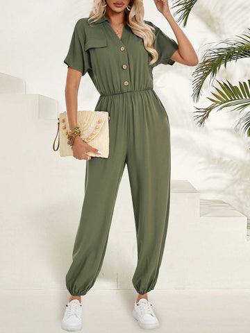 EMERY ROSE Women's Jumpsuit With Stand Collar, Button Front And Wide-Leg Design In Solid Color