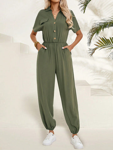 EMERY ROSE Women's Jumpsuit With Stand Collar, Button Front And Wide-Leg Design In Solid Color