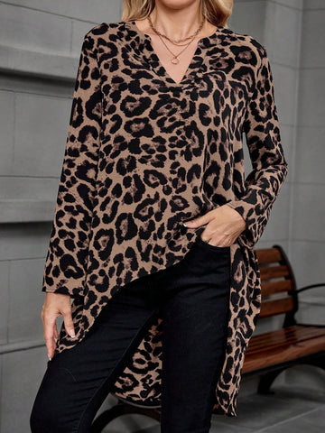 EMERY ROSE Women's Leopard Print V-Neck Front Short Back Long Casual Long Sleeve Shirt