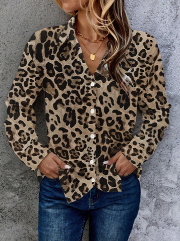 EMERY ROSE Women's Leopard Print Vintage Button-Up Long Sleeve Shirt, Suitable For Autumn And Winter