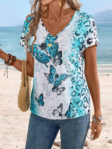 EMERY ROSE Women's Leopard & Butterfly Printed Batwing Sleeve Casual Vacation Shirt