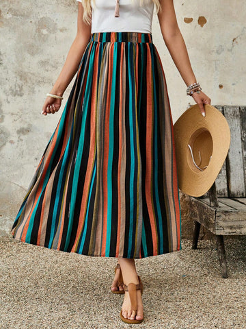 EMERY ROSE Women's Linen Multi-Color Striped Skirt For Summer