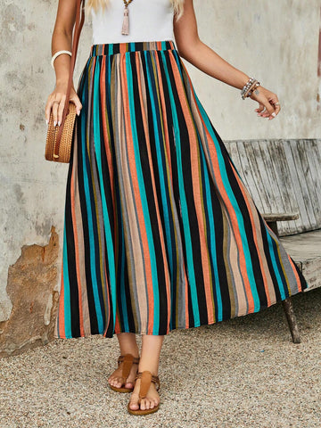 EMERY ROSE Women's Linen Multi-Color Striped Skirt For Summer