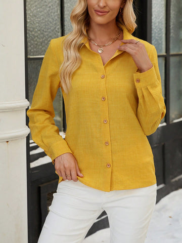EMERY ROSE Women's Long Sleeve Button-Up Yellow Shirt For Autumn/Winter