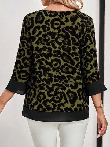EMERY ROSE Women's Long Sleeve Shirt With Leopard Print Patchwork, Giving The Illusion Of A Two-Piece Outfit, For Autumn.