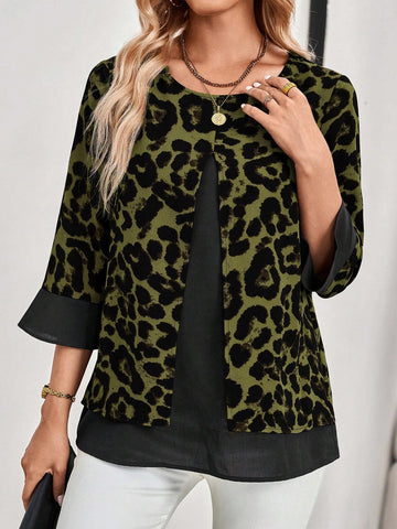 EMERY ROSE Women's Long Sleeve Shirt With Leopard Print Patchwork, Giving The Illusion Of A Two-Piece Outfit, For Autumn.