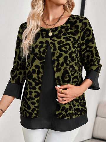 EMERY ROSE Women's Long Sleeve Shirt With Leopard Print Patchwork, Giving The Illusion Of A Two-Piece Outfit, For Autumn.