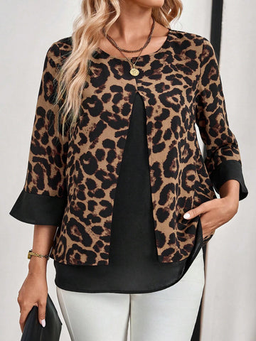 EMERY ROSE Women's Long Sleeve Shirt With Leopard Print Patchwork, Giving The Illusion Of A Two-Piece Outfit, For Autumn.